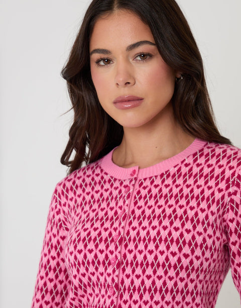 Threadbare Crew Neck Argyle Heart Print Cardigan in Pink - front view close up