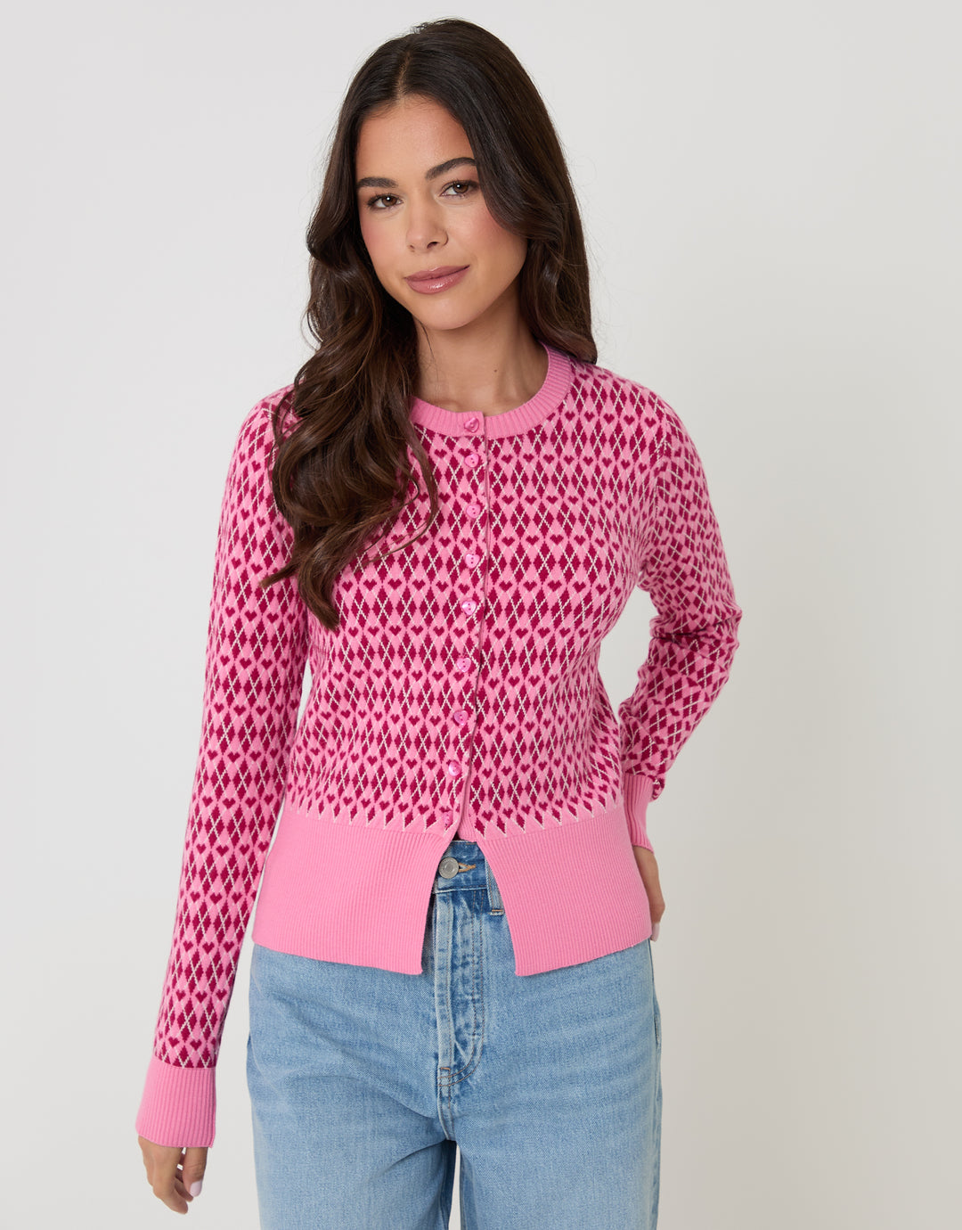 Pink Crew Neck Argyle Heart Print Cardigan