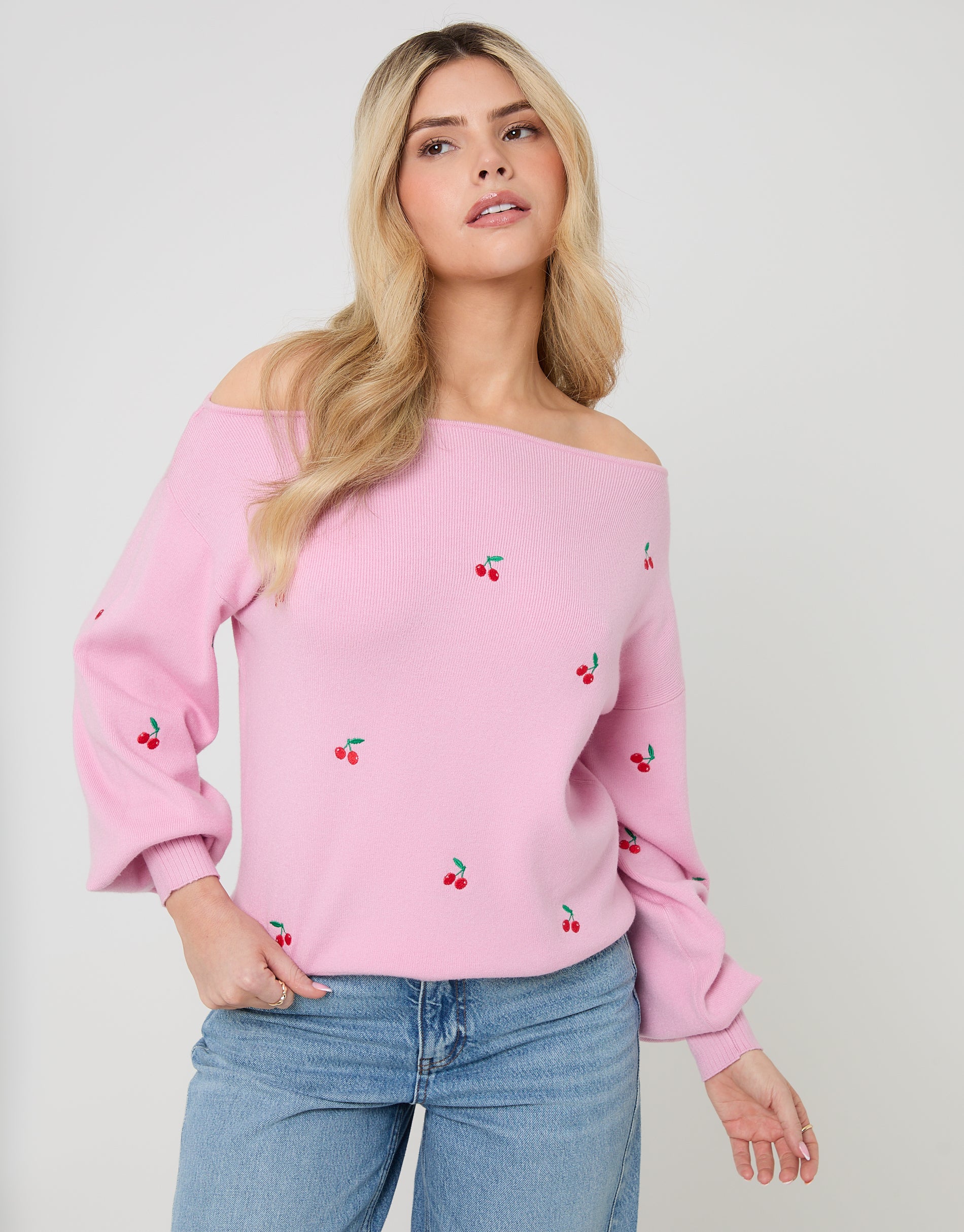 Cherry Embroidery Slash Neck Jumper in Pink