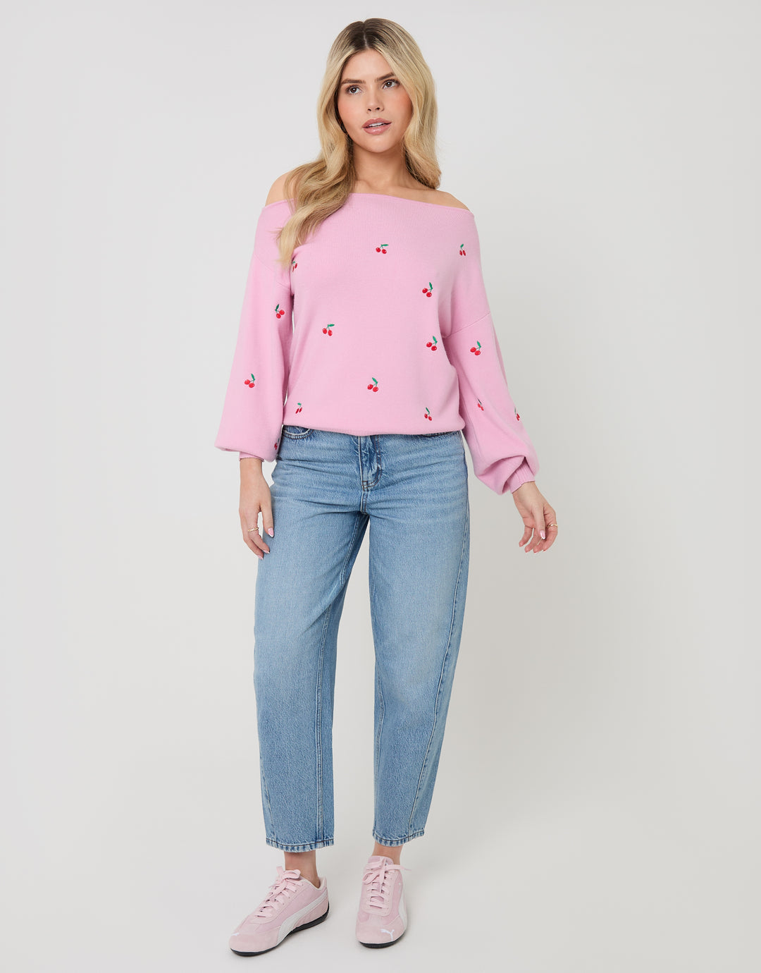 Pink Cherry Embroidery Slash Neck Jumper