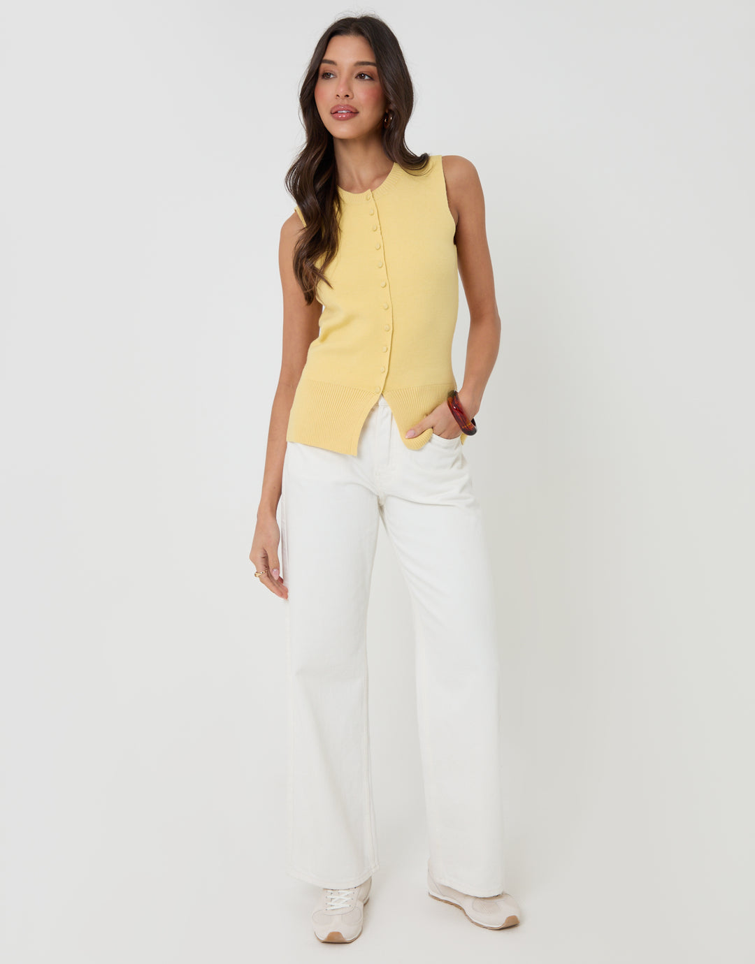 Threadbare Crew Neck Compact Knit Vest in Yellow - full body