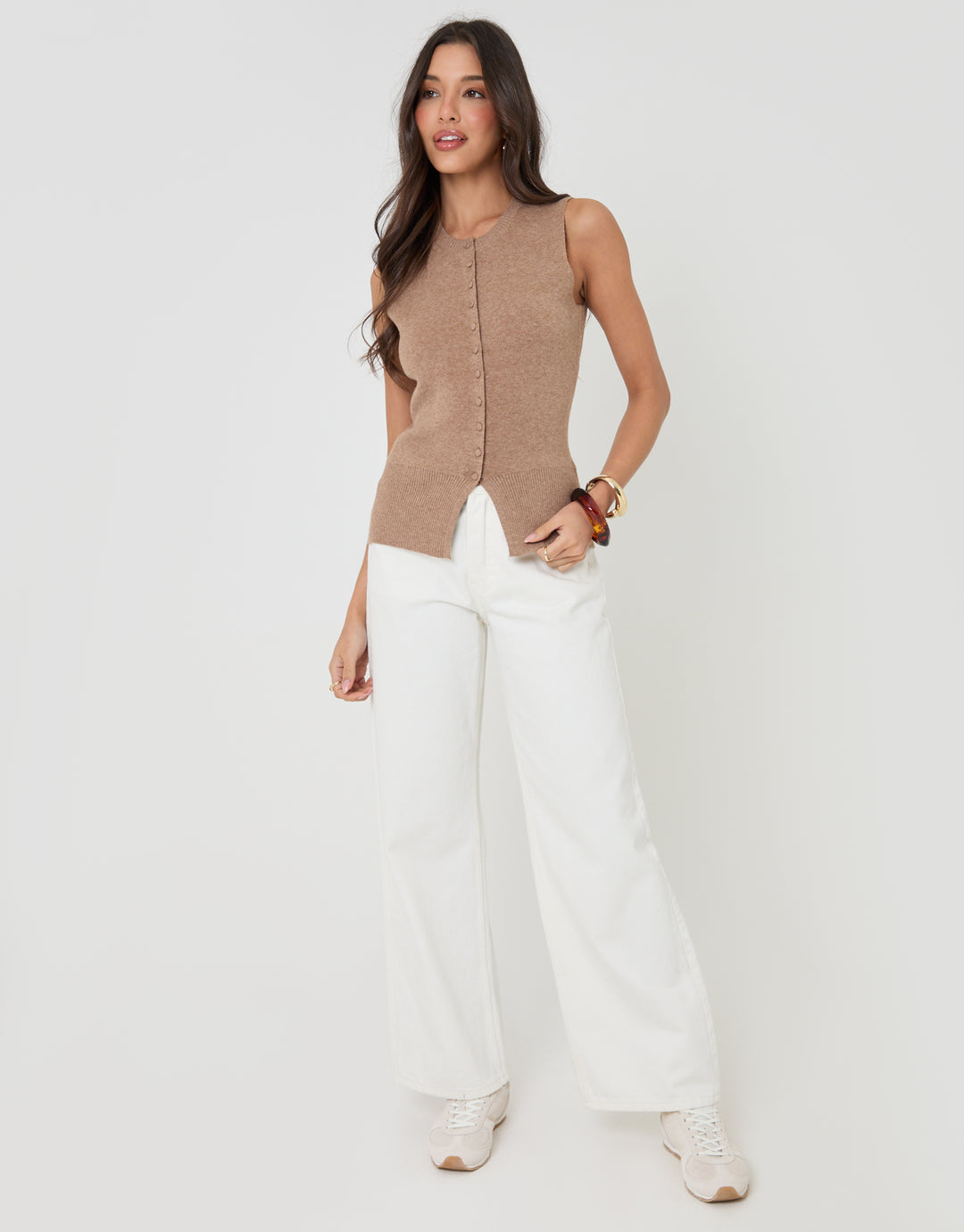 Threadbare Crew Neck Compact Knit Vest in Beige - full body