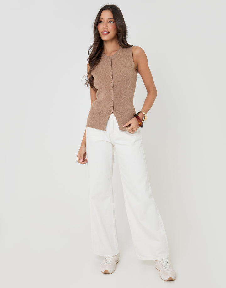 Threadbare Crew Neck Compact Knit Vest in Beige - full body
