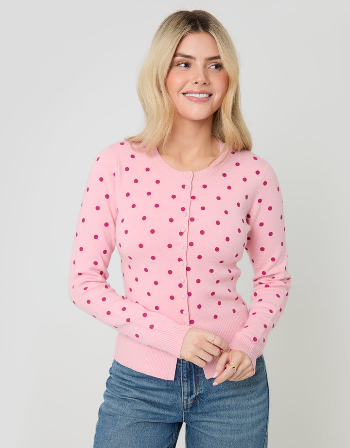 Pink Polka Dot Compact Knitted Cardigan