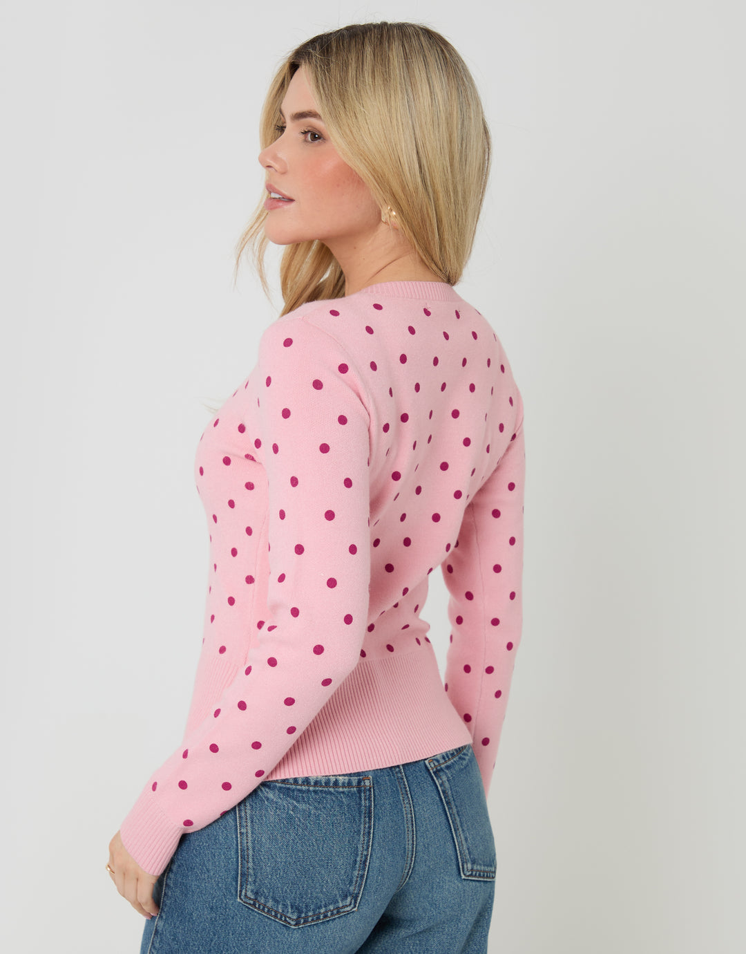 Pink Polka Dot Compact Knitted Cardigan