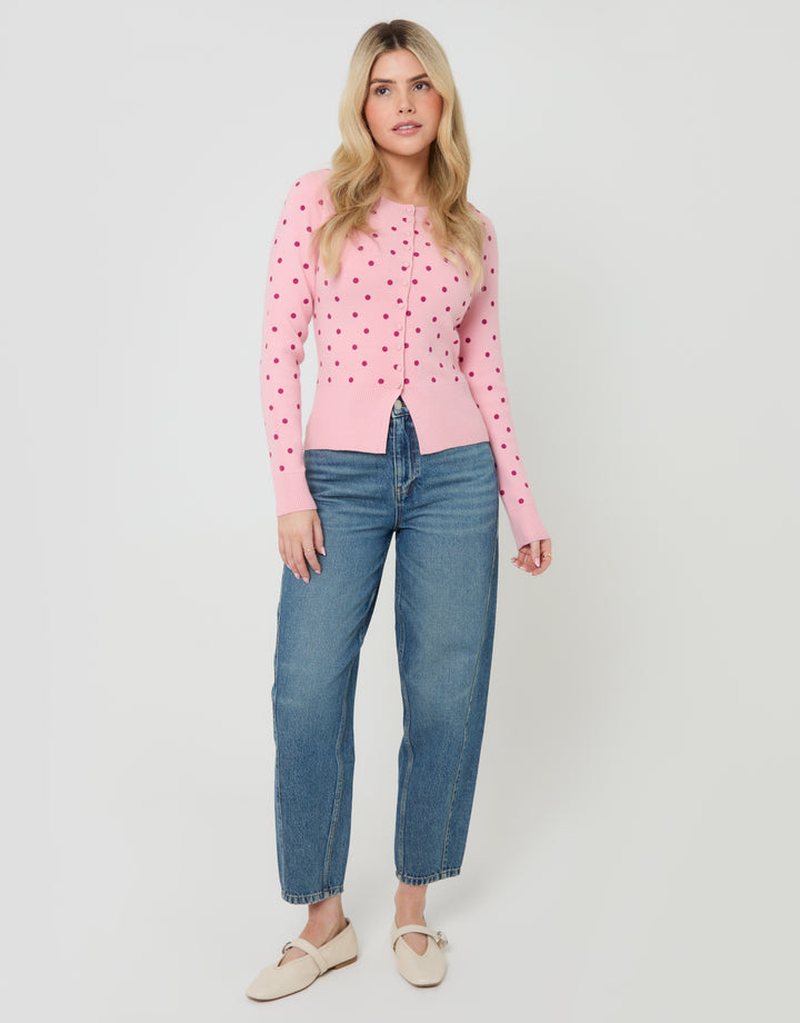 Pink Polka Dot Compact Knitted Cardigan