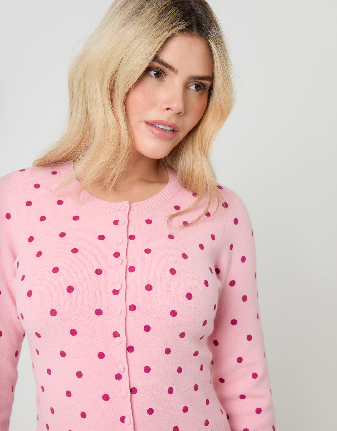 Pink Polka Dot Compact Knitted Cardigan