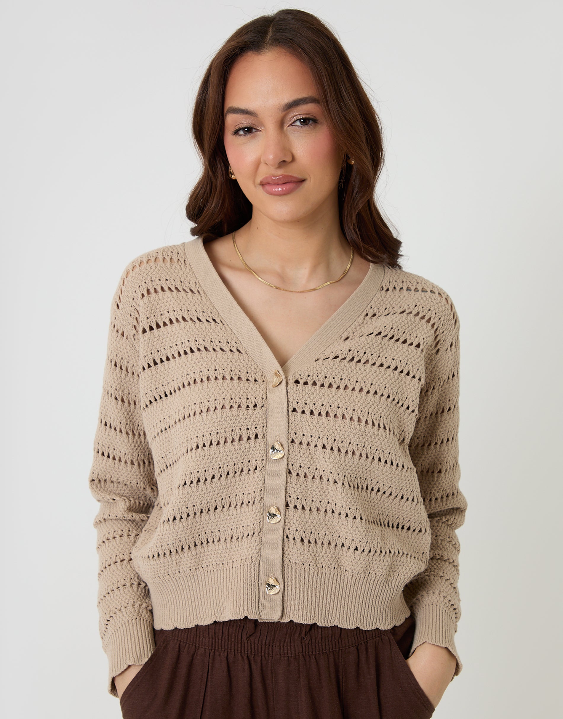 Crochet Style V-Neck Cardigan in Stone