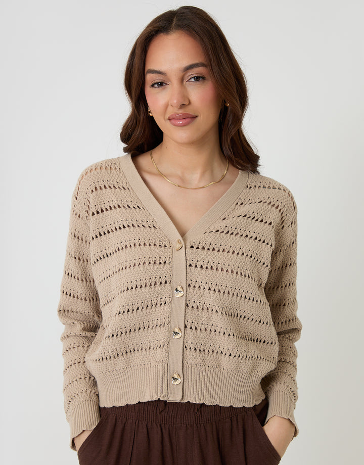 Threadbare Pointelle Knit V-Neck Cardigan in Stone - front view