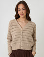 Threadbare Pointelle Knit V-Neck Cardigan in Stone - front view