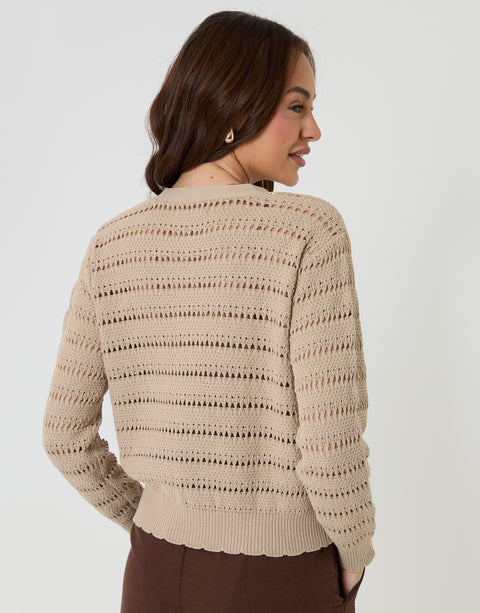 Threadbare Pointelle Knit V-Neck Cardigan in Stone - back view