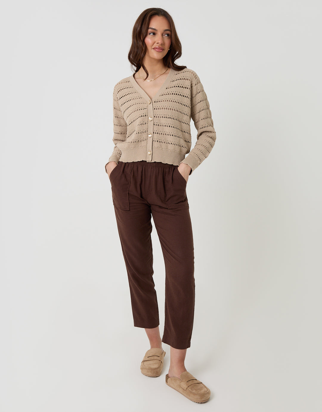 Threadbare Pointelle Knit V-Neck Cardigan in Stone - full body