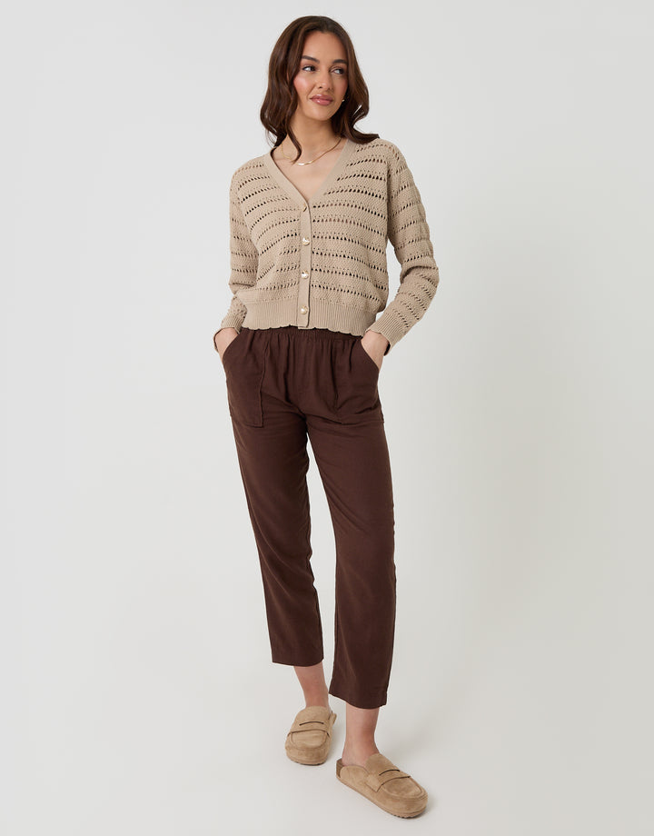 Threadbare Pointelle Knit V-Neck Cardigan in Stone - full body