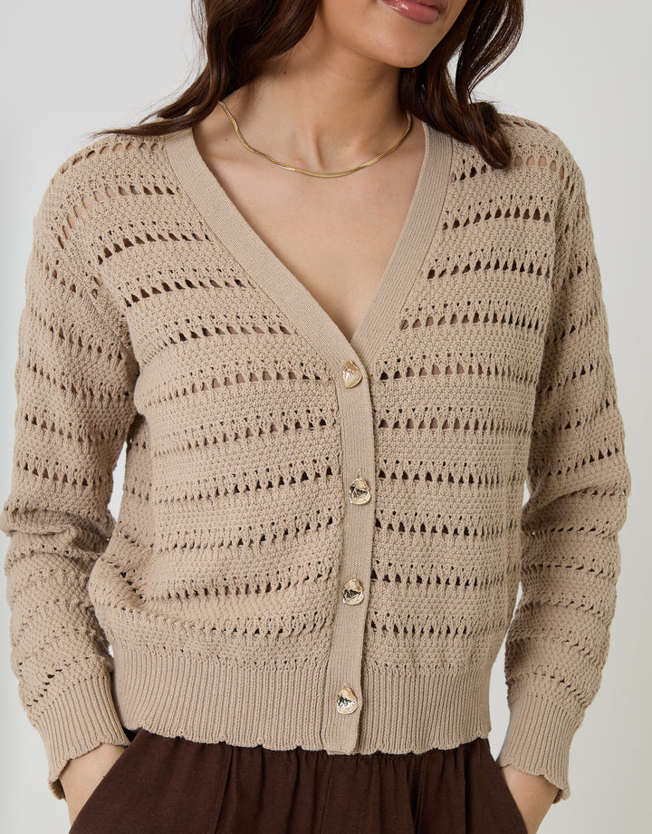 Threadbare Pointelle Knit V-Neck Cardigan in Stone - front view close up