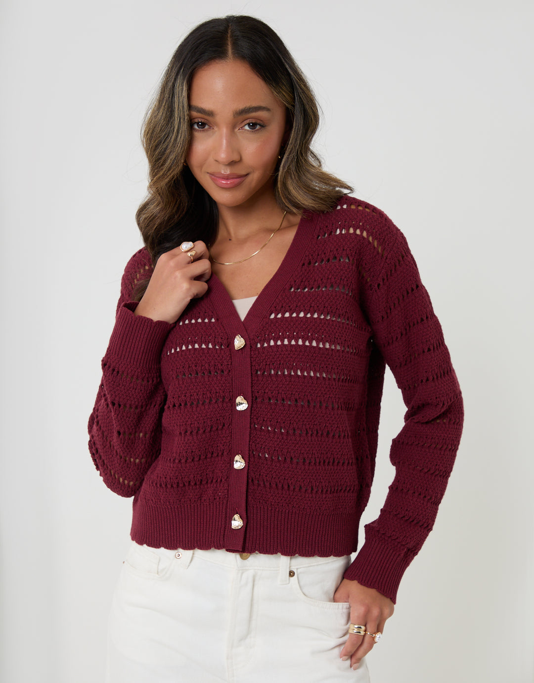 Threadbare Pointelle Knit V-Neck Cardigan in Red - front view