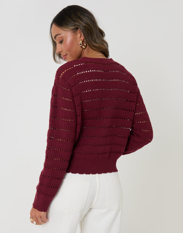 Threadbare Pointelle Knit V-Neck Cardigan in Red - back view
