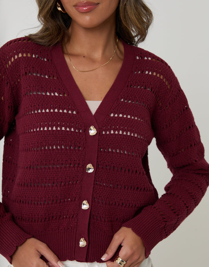 Threadbare Pointelle Knit V-Neck Cardigan in Red - front view close up