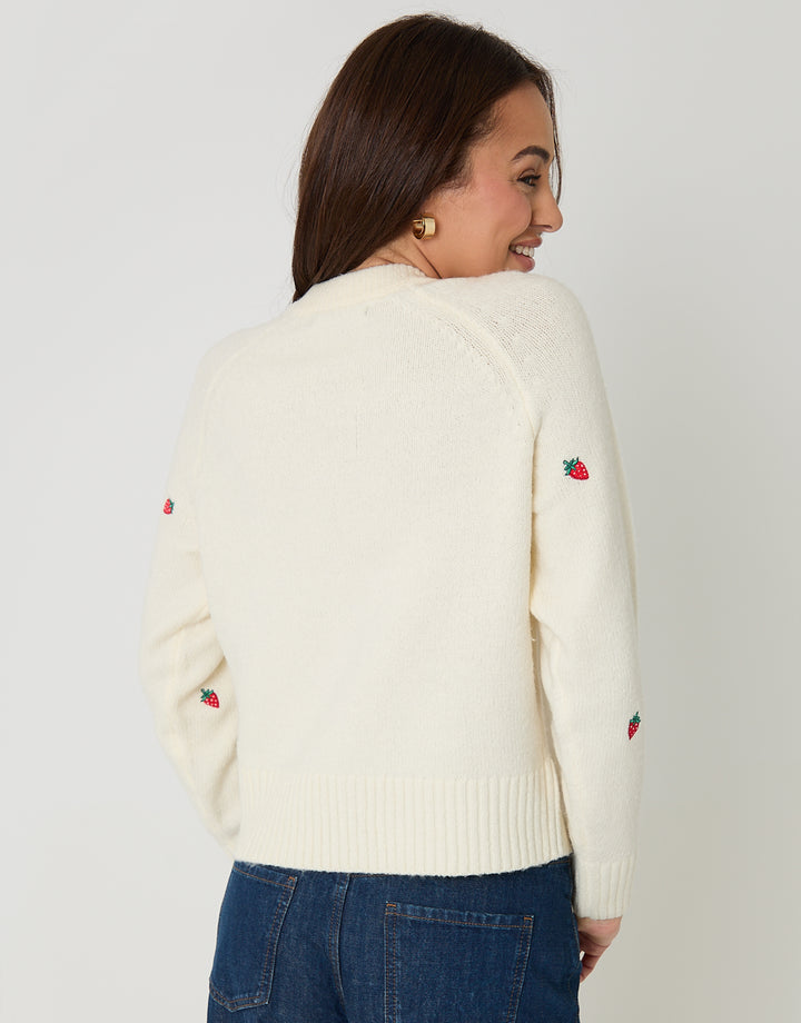 Cream Strawberry Embroidery Crew Neck Cardigan