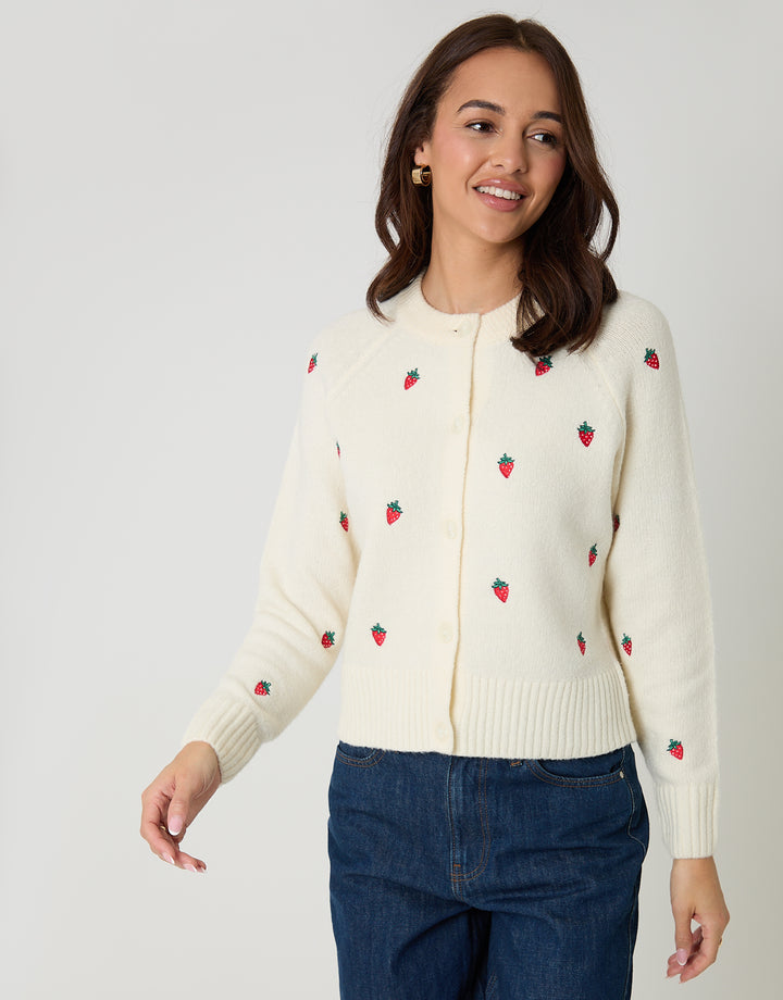 Cream Strawberry Embroidery Crew Neck Cardigan