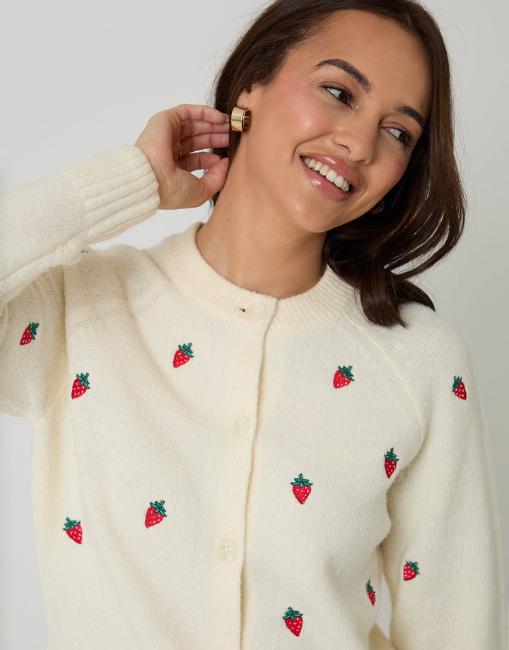 Cream Strawberry Embroidery Crew Neck Cardigan