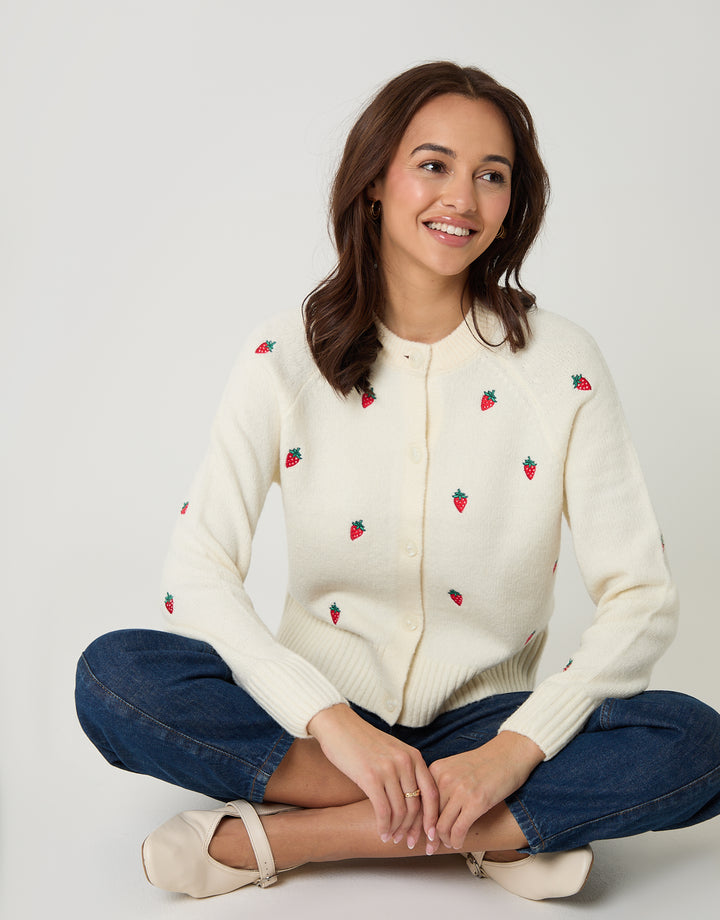 Cream Strawberry Embroidery Crew Neck Cardigan