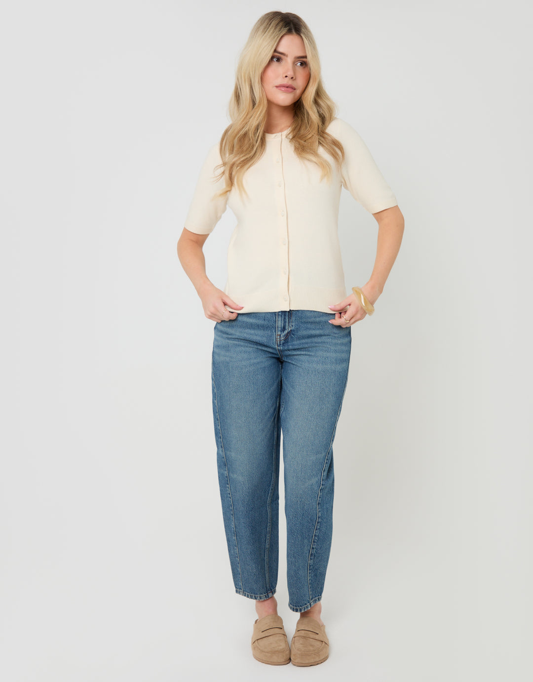 Ecru Jacquard Knit Short Sleeve Cardigan