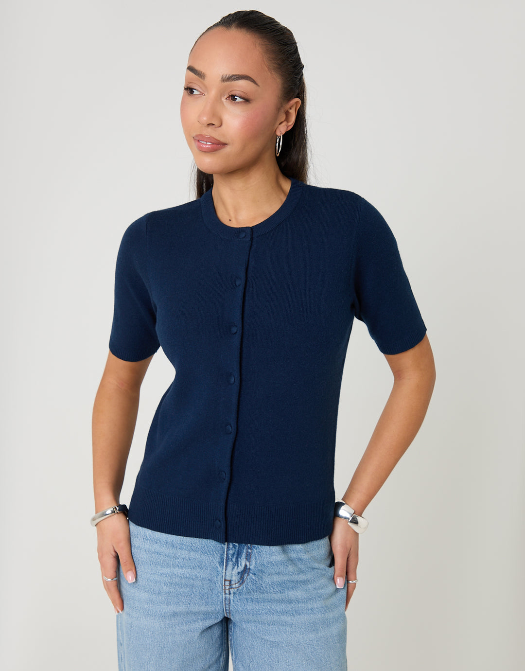 Navy Jacquard Knit Short Sleeve Cardigan