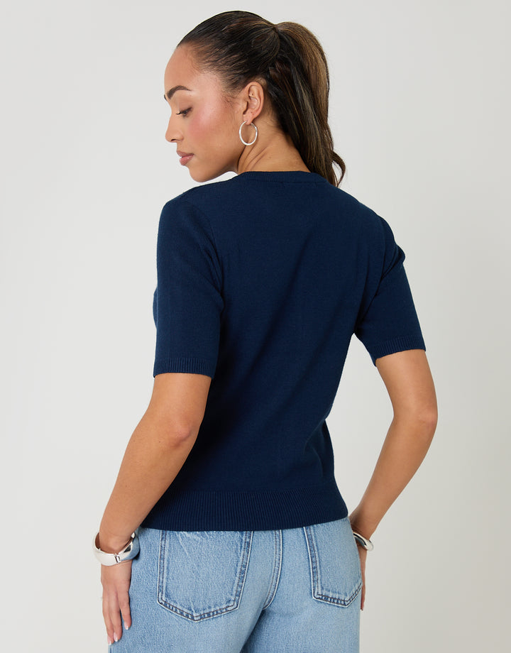 Navy Jacquard Knit Short Sleeve Cardigan