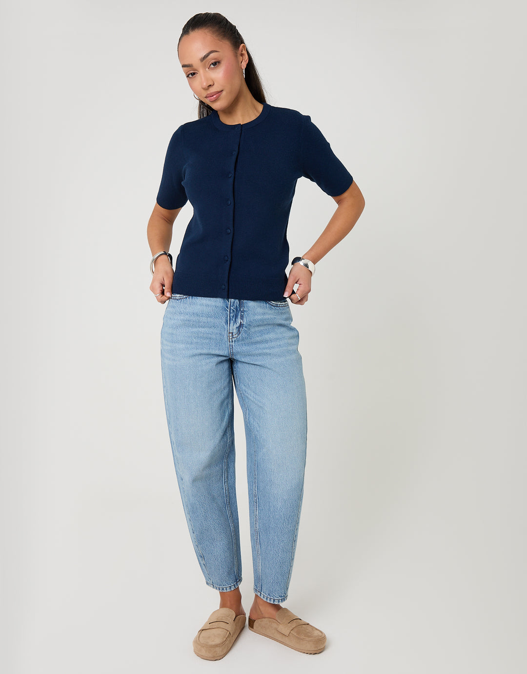 Navy Jacquard Knit Short Sleeve Cardigan