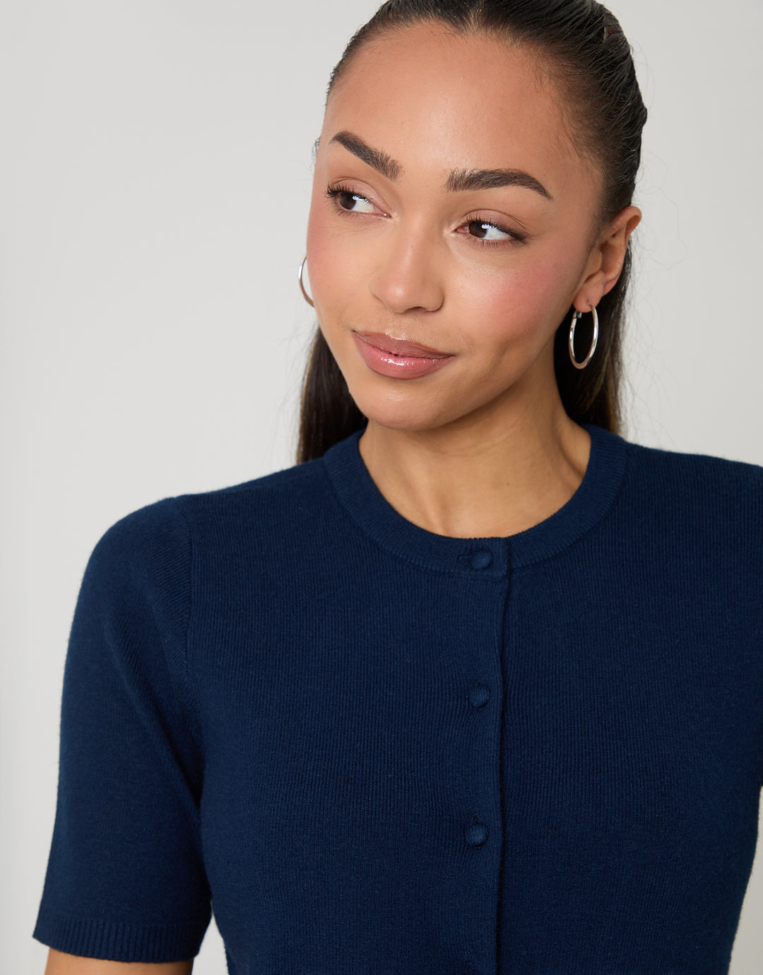 Navy Jacquard Knit Short Sleeve Cardigan