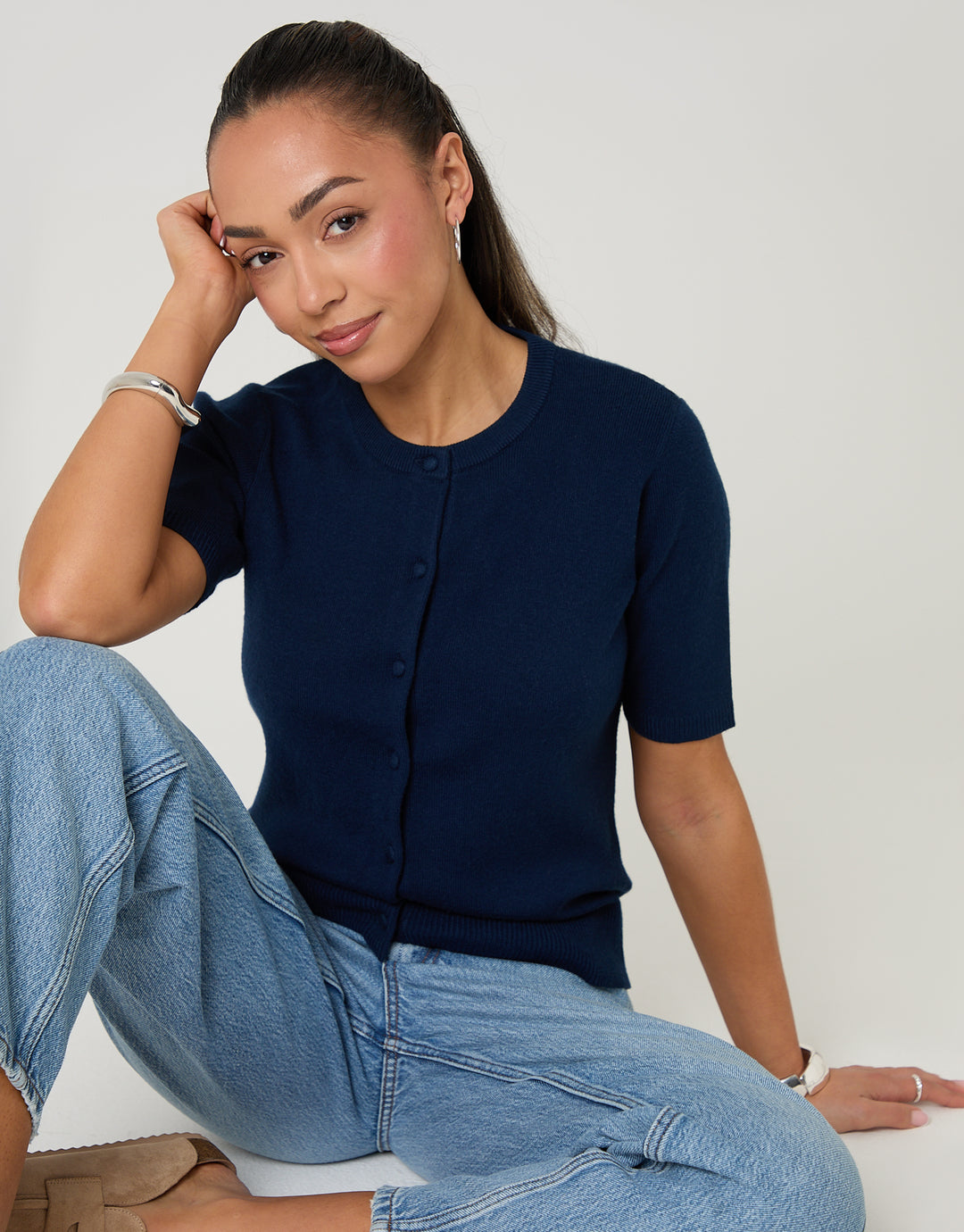 Navy Jacquard Knit Short Sleeve Cardigan