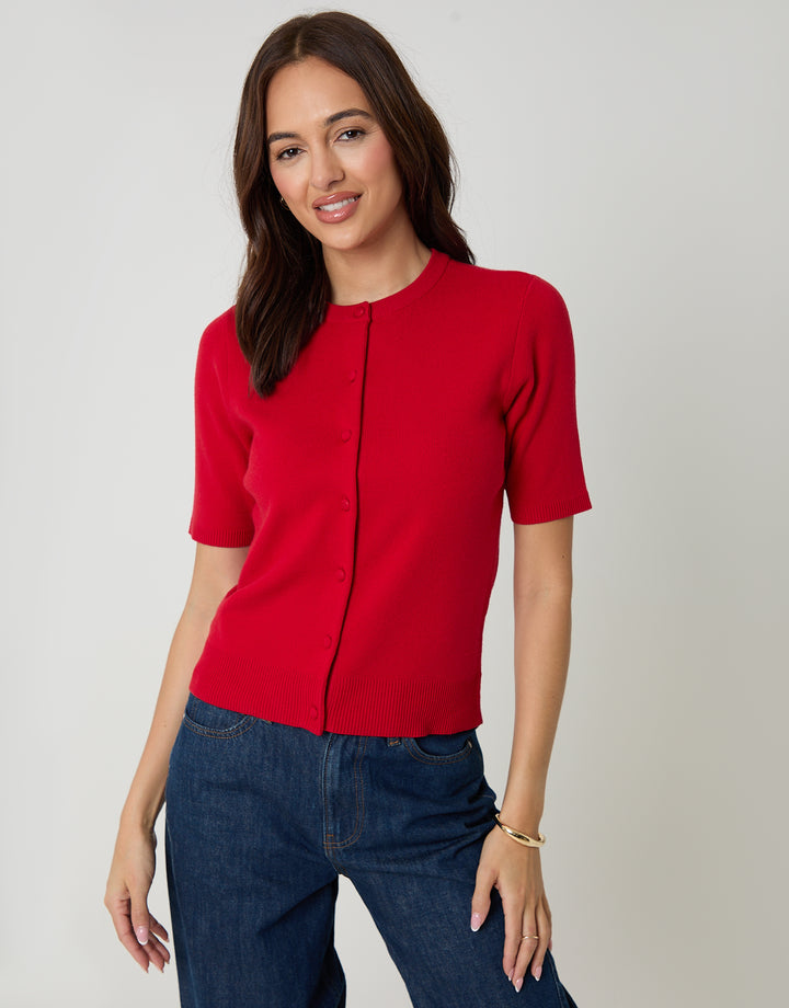 Red Jacquard Knit Short Sleeve Cardigan