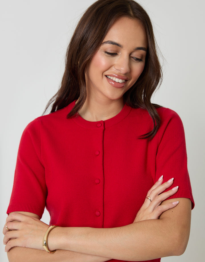 Red Jacquard Knit Short Sleeve Cardigan