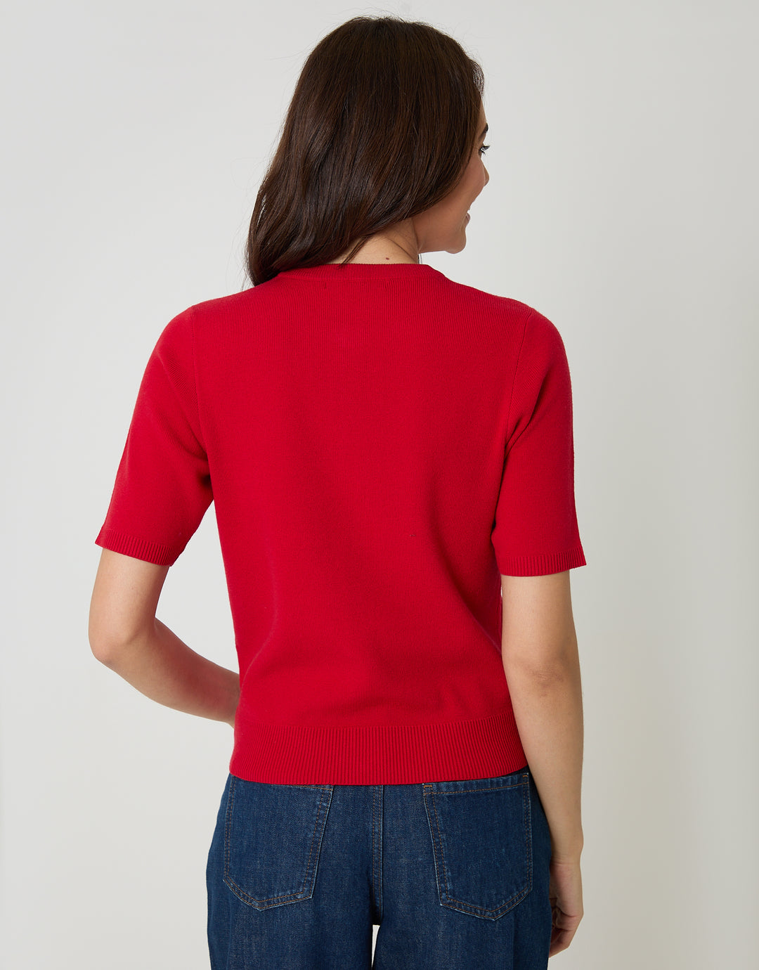 Red Jacquard Knit Short Sleeve Cardigan