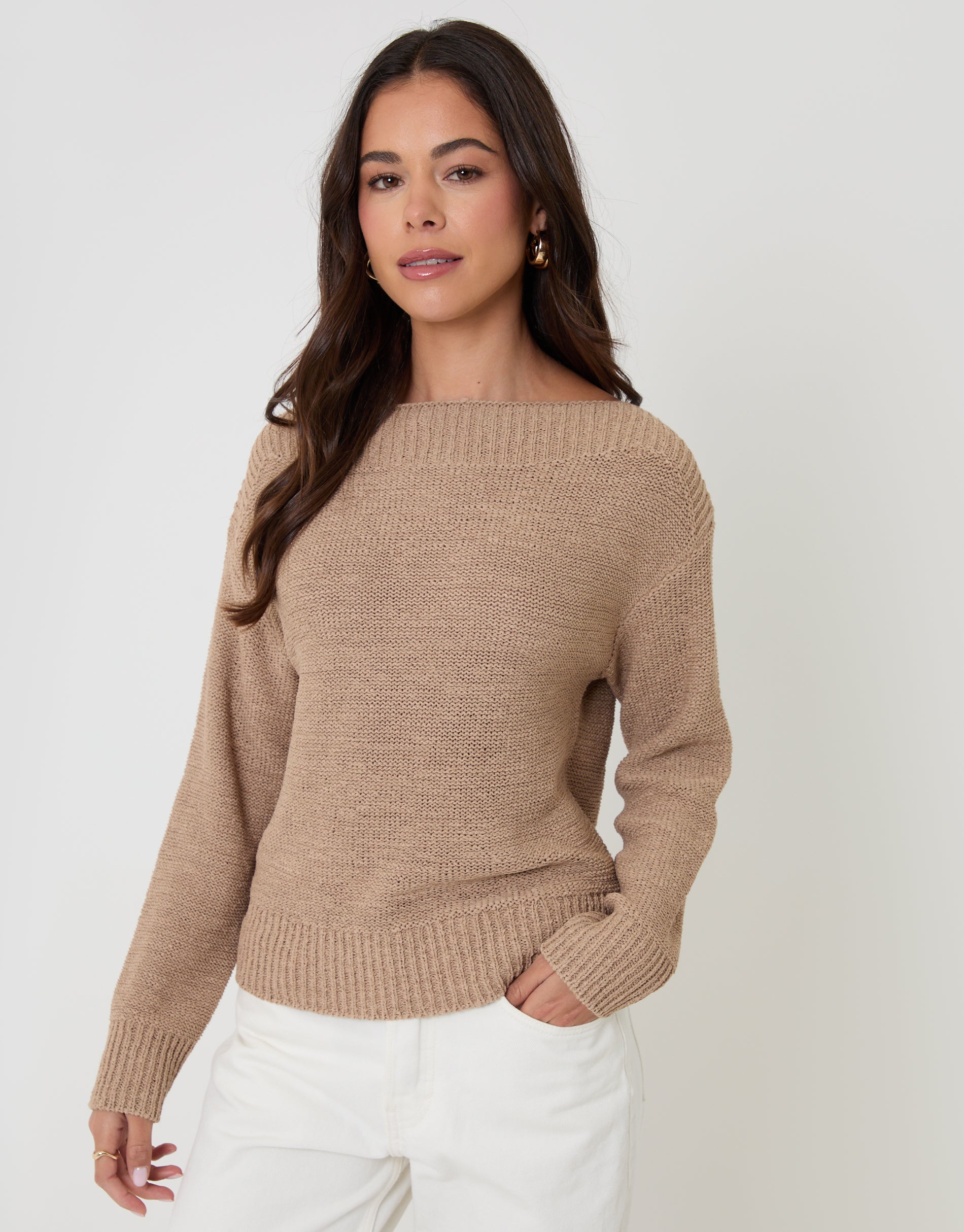 Knitted Slash Neck Jumper in Taupe