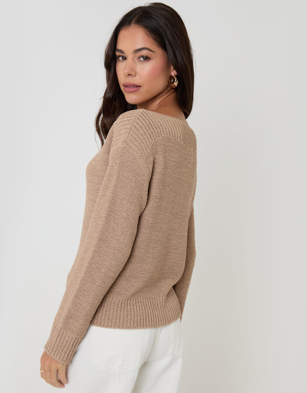 Threadbare Knitted Yarn Slash Neck Jumper in Taupe - side view