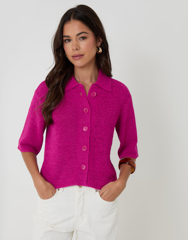 Knitted Yarn Button Up Polo Shirt in Pink