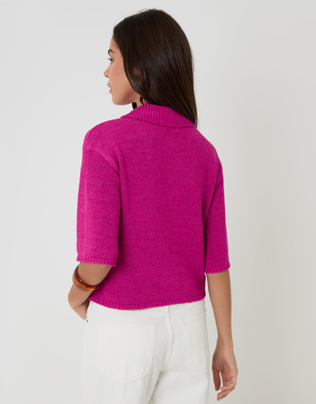 Knitted Yarn Button Up Polo Shirt in Pink