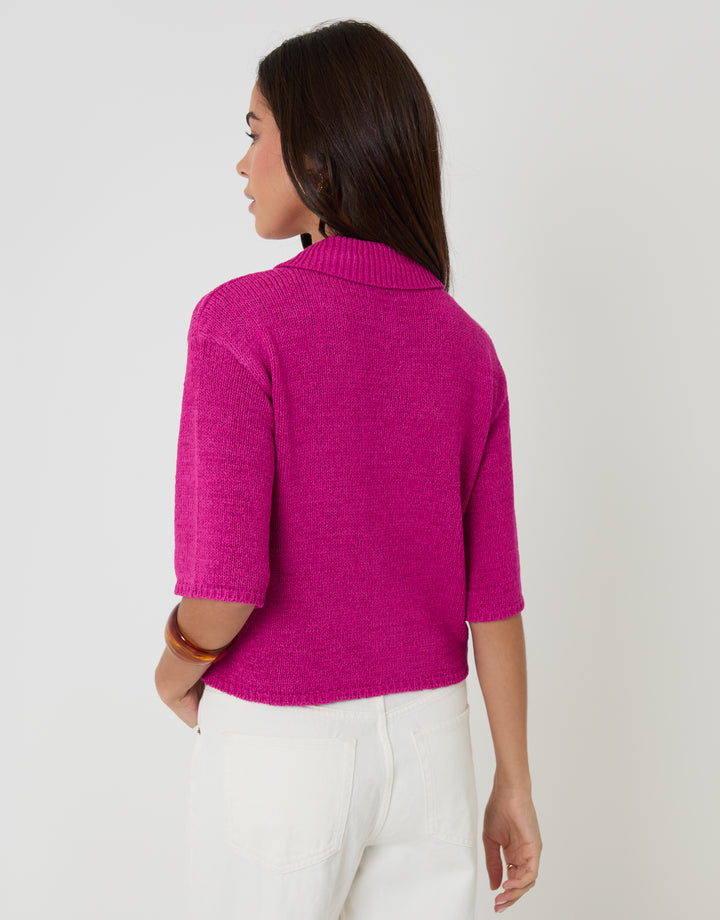 Knitted Yarn Button Up Polo Shirt in Pink