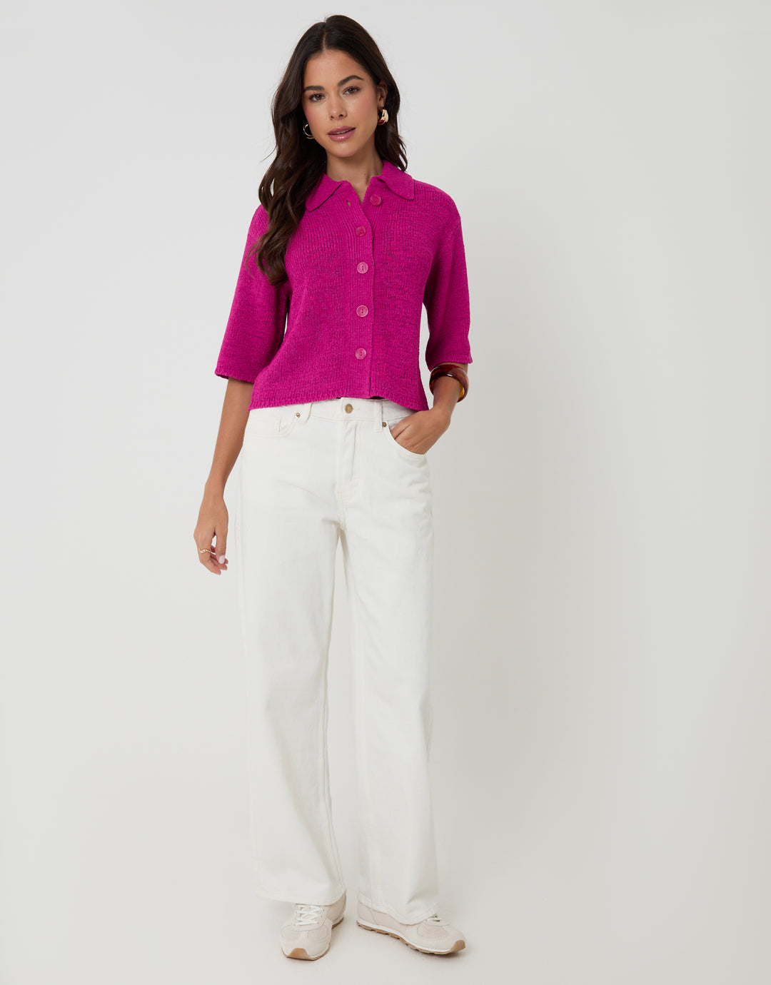 Knitted Yarn Button Up Polo Shirt in Pink