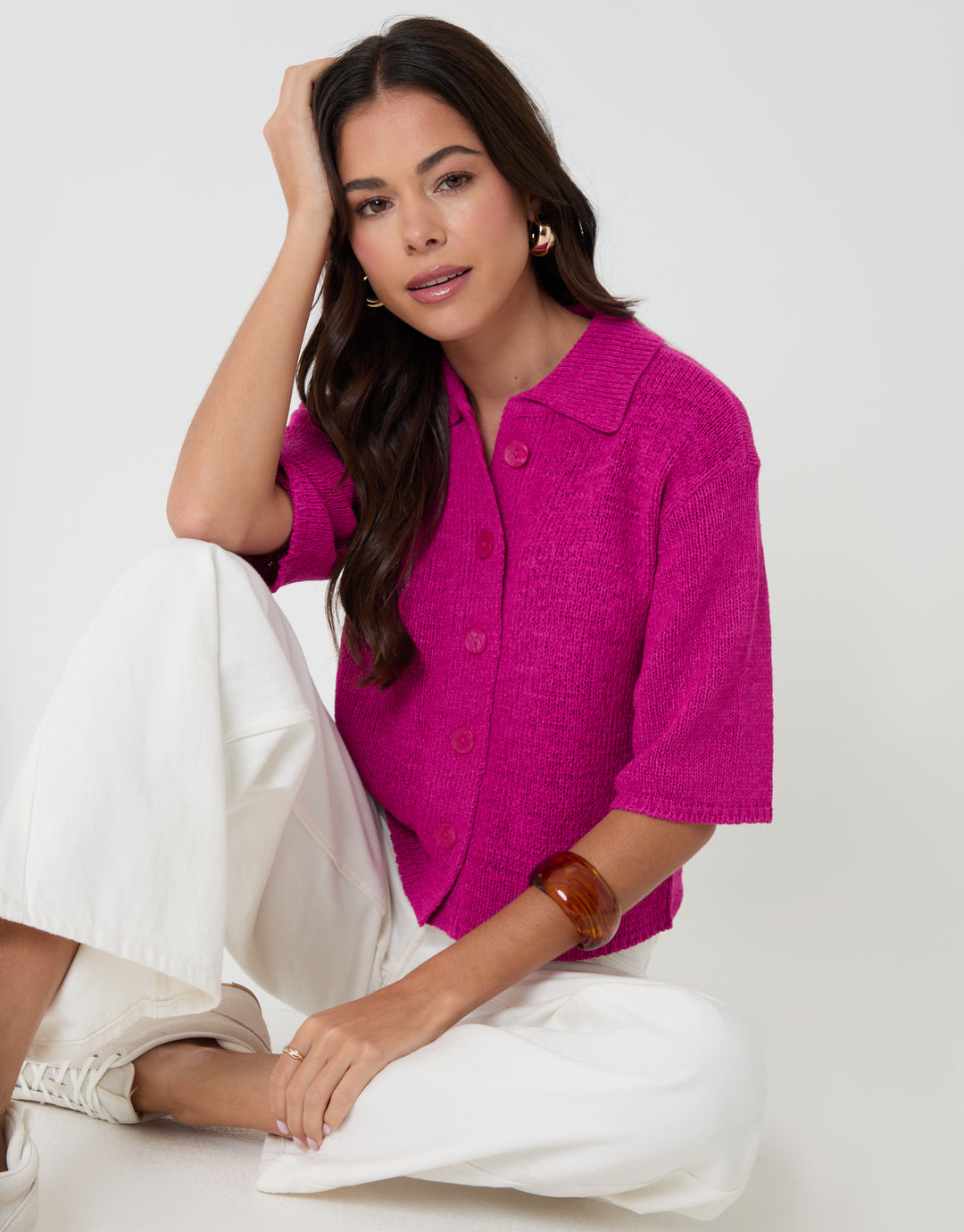 Knitted Yarn Button Up Polo Shirt in Pink