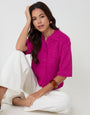 Knitted Yarn Button Up Polo Shirt in Pink