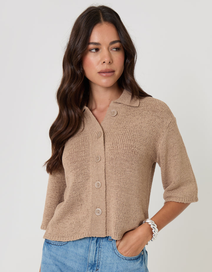 Taupe Knitted Yarn Button Up Polo Shirt