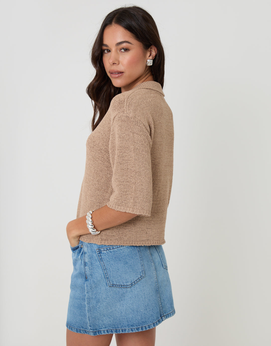 Taupe Knitted Yarn Button Up Polo Shirt