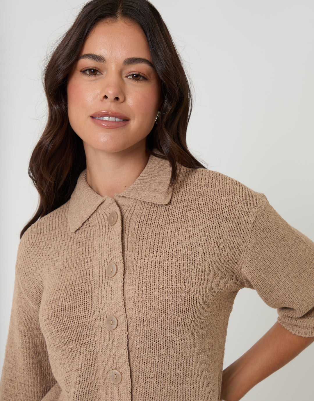 Taupe Knitted Yarn Button Up Polo Shirt