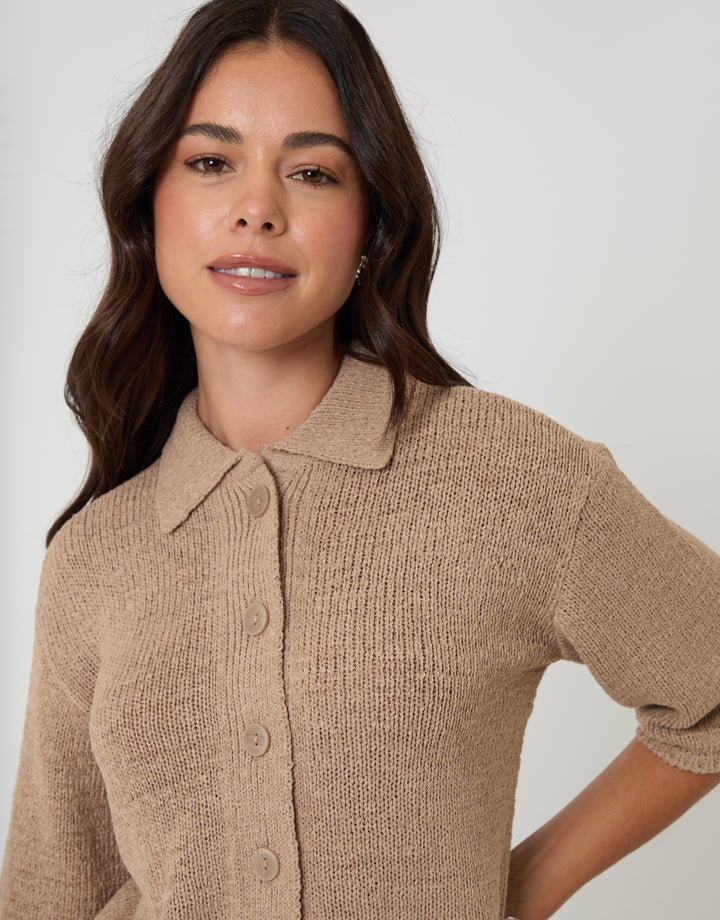 Taupe Knitted Yarn Button Up Polo Shirt
