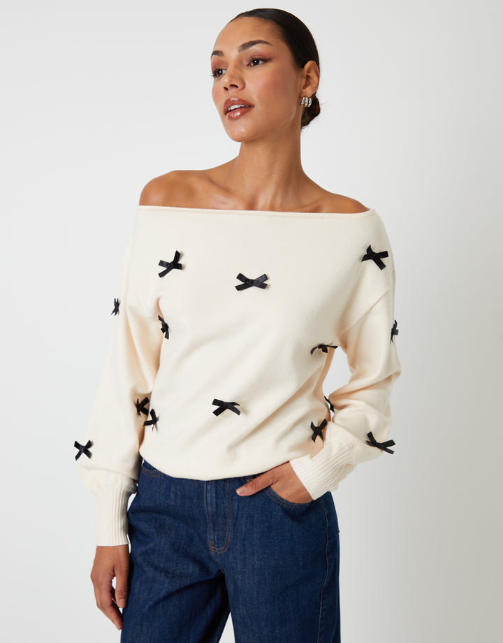 Ecru Bow Embellished Slash Neck Jumper