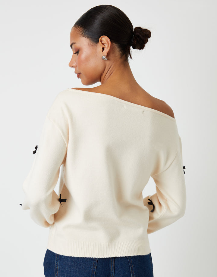Ecru Bow Embellished Slash Neck Jumper