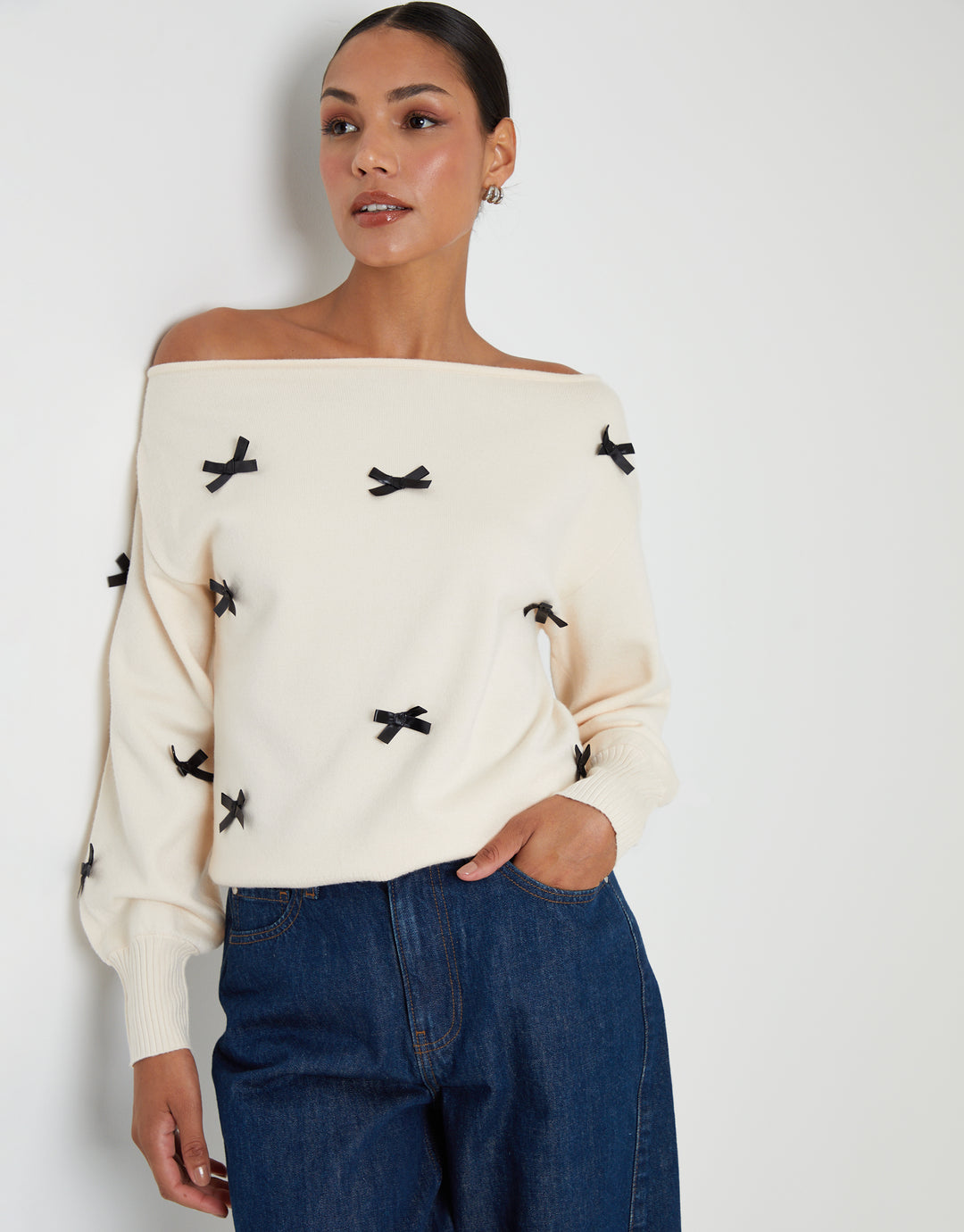 Ecru Bow Embellished Slash Neck Jumper