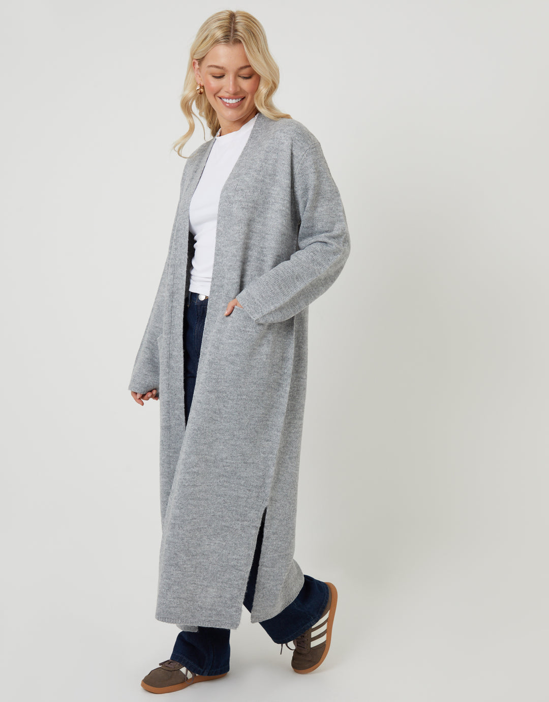 Grey Dropped Shoulder Knitted Coatigan